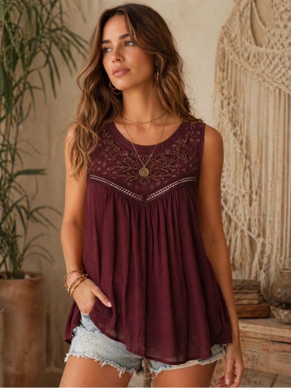 Daytrip Boho Embroidered Sleeveless Top – Burgundy